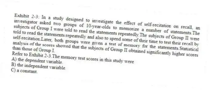 Exhibit 2-3: In a study designed to investigate the effect of self-recitation on recall, an investigator asked two groups of 10-year-olds to memorize a number of statements.The subjects of Group I were told to read the statements repeatedly.The subjects of Group II were told to read the statements repeatedly and also to spend some of their time to test their recall by self-recitation.Later, both groups were given a test of memory for the statements.Statistical analysis of the scores showed that the subjects of Group II obtained significantly higher scores than those of Group I.
-Refer to Exhibit 2-3.The memory test scores in this study were
A) the dependent variable.
B) the independent variable.
C) a constant.