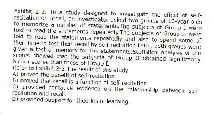 Exhibit 2-3: In a study designed to investigate the effect of self-recitation on recall, an investigator asked two groups of 10-year-olds to memorize a number of statements.The subjects of Group I were told to read the statements repeatedly.The subjects of Group II were told to read the statements repeatedly and also to spend some of their time to test their recall by self-recitation.Later, both groups were given a test of memory for the statements.Statistical analysis of the scores showed that the subjects of Group II obtained significantly higher scores than those of Group I.
-Refer to Exhibit 2-3.The result of this study
A) proved the benefit of self-recitation.
B) proved that recall is a function of self-recitation.
C) provided tentative evidence on the relationship between self-recitation and recall.
D) provided support for theories of learning.