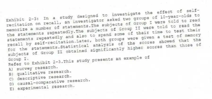Exhibit 2-3: In a study designed to investigate the effect of self-recitation on recall, an investigator asked two groups of 10-year-olds to memorize a number of statements.The subjects of Group I were told to read the statements repeatedly.The subjects of Group II were told to read the statements repeatedly and also to spend some of their time to test their recall by self-recitation.Later, both groups were given a test of memory for the statements.Statistical analysis of the scores showed that the subjects of Group II obtained significantly higher scores than those of Group I.
-Refer to Exhibit 2-3.This study presents an example of
A) survey research.
B) qualitative research.
C) descriptive research.
D) causal-comparative research.
E) experimental research.