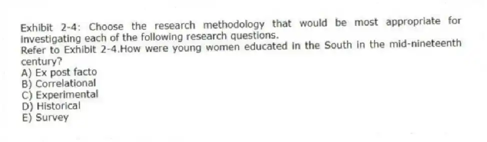 Exhibit 2-4: Choose the research methodology that would be most appropriate for investigating each of the following research questions.
-Refer to Exhibit 2-4.How were young women educated in the South in the mid-nineteenth century?
A) Ex post facto
B) Correlational
C) Experimental
D) Historical
E) Survey