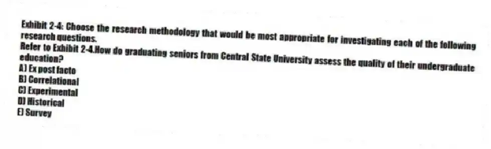 Exhibit 2-4: Choose the research methodology that would be most appropriate for investigating each of the following research questions.
-Refer to Exhibit 2-4.How do graduating seniors from Central State University assess the quality of their undergraduate education?
A) Ex post facto
B) Correlational
C) Experimental
D) Historical
E) Survey