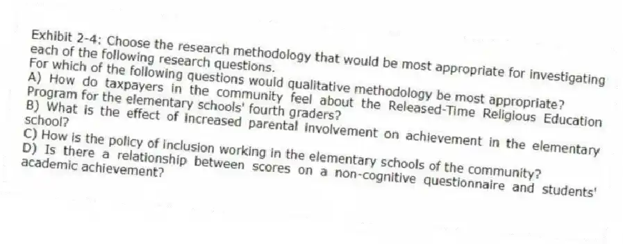 Exhibit 2-4: Choose the research methodology that would be most appropriate for investigating each of the following research questions.
-For which of the following questions would qualitative methodology be most appropriate?
A) How do taxpayers in the community feel about the Released-Time Religious Education Program for the elementary schools' fourth graders?
B) What is the effect of increased parental involvement on achievement in the elementary school?
C) How is the policy of inclusion working in the elementary schools of the community?
D) Is there a relationship between scores on a non-cognitive questionnaire and students' academic achievement?