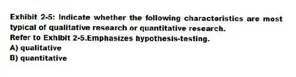 Exhibit 2-5: Indicate whether the following characteristics are most typical of qualitative research or quantitative research.
-Refer to Exhibit 2-5.Emphasizes hypothesis-testing.
A) qualitative
B) quantitative
