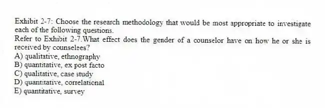 Exhibit 2-7: Choose the research methodology that would be most appropriate to investigate each of the following questions.
-Refer to Exhibit 2-7.What effect does the gender of a counselor have on how he or she is received by counselees?
A) qualitative, ethnography
B) quantitative, ex post facto
C) qualitative, case study
D) quantitative, correlational
E) quantitative, survey