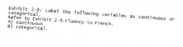Exhibit 2-9: Label the following variables as continuous or categorical.
-Refer to Exhibit 2-9.Fluency in French.
A) continuous
B) categorical.