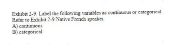 Exhibit 2-9: Label the following variables as continuous or categorical.
-Refer to Exhibit 2-9.Native French speaker.
A) continuous
B) categorical.