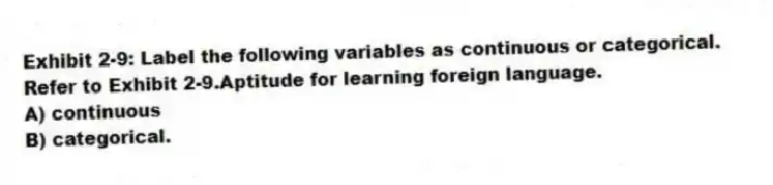 Exhibit 2-9: Label the following variables as continuous or categorical.
-Refer to Exhibit 2-9.Aptitude for learning foreign language.
A) continuous
B) categorical.