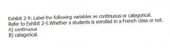 Exhibit 2-9: Label the following variables as continuous or categorical.
-Refer to Exhibit 2-9.Whether a students is enrolled in a French class or not.
A) continuous
B) categorical.