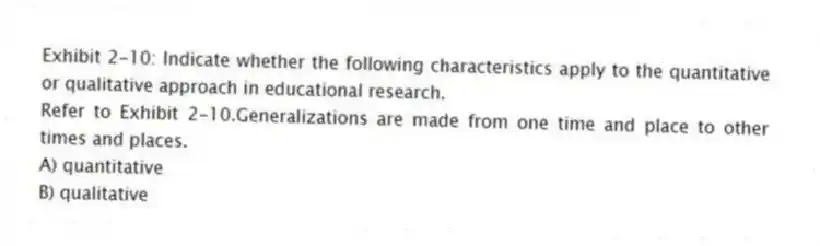Exhibit 2-10: Indicate whether the following characteristics apply to the quantitative or qualitative approach in educational research.
-Refer to Exhibit 2-10.Generalizations are made from one time and place to other times and places.
A) quantitative
B) qualitative