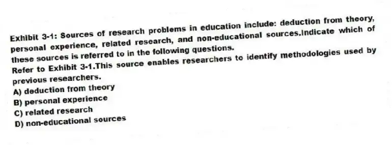 Exhibit 3-1: Sources of research problems in education include: deduction from theory, personal experience, related research, and non-educational sources.Indicate which of these sources is referred to in the following questions.
-Refer to Exhibit 3-1.This source enables researchers to identify methodologies used by previous researchers.
A) deduction from theory
B) personal experience
C) related research
D) non-educational sources
