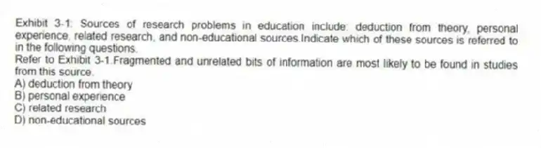 Exhibit 3-1: Sources of research problems in education include: deduction from theory, personal experience, related research, and non-educational sources.Indicate which of these sources is referred to in the following questions.
-Refer to Exhibit 3-1.Fragmented and unrelated bits of information are most likely to be found in studies from this source.
A) deduction from theory
B) personal experience
C) related research
D) non-educational sources