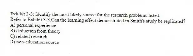 Exhibit 3-3: Identify the most likely source for the research problems listed.
-Refer to Exhibit 3-3.Can the learning effect demonstrated in Smith's study be replicated?
A) personal experience
B) deduction from theory
C) related research
D) non-education source