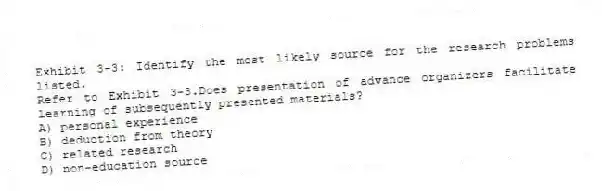 Exhibit 3-3: Identify the most likely source for the research problems listed.
-Refer to Exhibit 3-3.Does presentation of advance organizers facilitate learning of subsequently presented materials?
A) personal experience
B) deduction from theory
C) related research
D) non-education source
