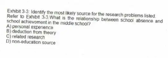 Exhibit 3-3: Identify the most likely source for the research problems listed.
-Refer to Exhibit 3-3.What is the relationship between school absence and school achievement in the middle school?
A) personal experience
B) deduction from theory
C) related research
D) non-education source