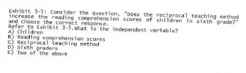 Exhibit 3-5: Consider the question, "Does the reciprocal teaching method increase the reading comprehension scores of children in sixth grade?" and choose the correct response.
-Refer to Exhibit 3-5.What is the independent variable?
A) Children
B) Reading comprehension scores
C) Reciprocal teaching method
D) Sixth graders
E) Two of the above