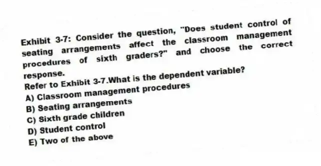 Exhibit 3-7: Consider the question, "Does student control of seating arrangements affect the classroom management procedures of sixth graders?" and choose the correct response.
-Refer to Exhibit 3-7.What is the dependent variable?
A) Classroom management procedures
B) Seating arrangements
C) Sixth grade children
D) Student control
E) Two of the above