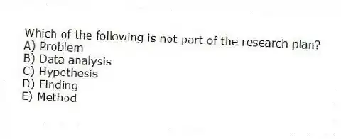 Which of the following is not part of the research plan?
A) Problem
B) Data analysis
C) Hypothesis
D) Finding
E) Method