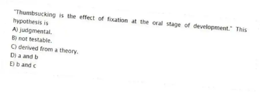 "Thumbsucking is the effect of fixation at the oral stage of development." This hypothesis is
A) judgmental.
B) not testable.
C) derived from a theory.
D) a and b
E) b and c