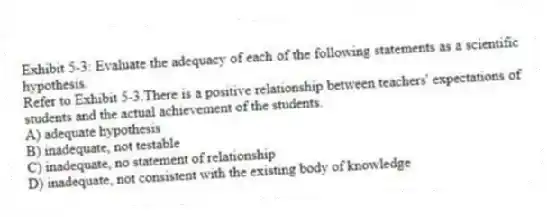 Exhibit 5-3: Evaluate the adequacy of each of the following statements as a scientific hypothesis.
-Refer to Exhibit 5-3.There is a positive relationship between teachers' expectations of students and the actual achievement of the students.
A) adequate hypothesis
B) inadequate, not testable
C) inadequate, no statement of relationship
D) inadequate, not consistent with the existing body of knowledge