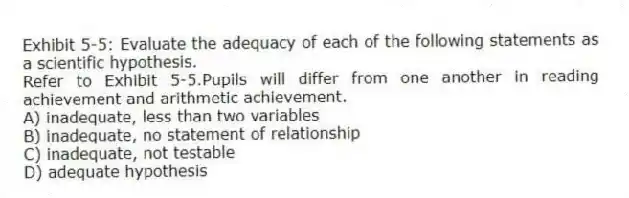 Exhibit 5-5: Evaluate the adequacy of each of the following statements as a scientific hypothesis.
-Refer to Exhibit 5-5.Pupils will differ from one another in reading achievement and arithmetic achievement.
A) inadequate, less than two variables
B) inadequate, no statement of relationship
C) inadequate, not testable
D) adequate hypothesis