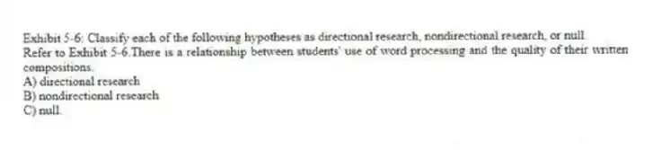 Exhibit 5-6: Classify each of the following hypotheses as directional research, nondirectional research, or null.
-Refer to Exhibit 5-6.There is a relationship between students' use of word processing and the quality of their written compositions.
A) directional research
B) nondirectional research
C) null.