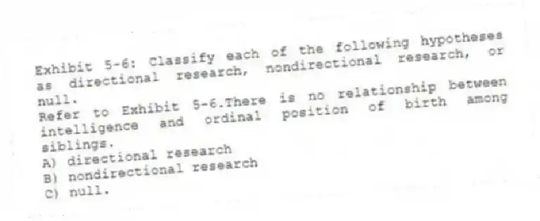 Exhibit 5-6: Classify each of the following hypotheses as directional research, nondirectional research, or null.
-Refer to Exhibit 5-6.There is no relationship between intelligence and ordinal position of birth among siblings.
A) directional research
B) nondirectional research
C) null.
