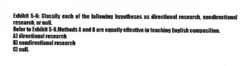 Exhibit 5-6: Classify each of the following hypotheses as directional research, nondirectional research, or null.
-Refer to Exhibit 5-6.Methods A and B are equally effective in teaching English composition.
A) directional research
B) nondirectional research
C) null.