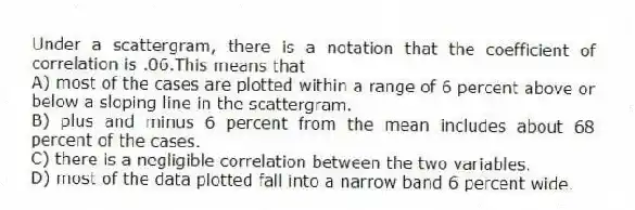Under a scattergram, there is a notation that the coefficient of correlation is .06.This means that
A) most of the cases are plotted within a range of 6 percent above or below a sloping line in the scattergram.
B) plus and minus 6 percent from the mean includes about 68 percent of the cases.
C) there is a negligible correlation between the two variables.
D) most of the data plotted fall into a narrow band 6 percent wide.