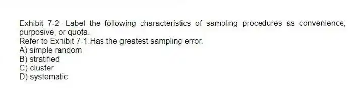 Exhibit 7-2: Label the following characteristics of sampling procedures as convenience, purposive, or quota.
-Refer to Exhibit 7-1.Has the greatest sampling error.
A) simple random
B) stratified
C) cluster
D) systematic