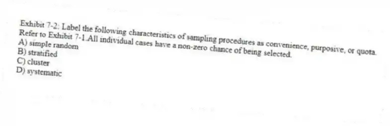 Exhibit 7-2: Label the following characteristics of sampling procedures as convenience, purposive, or quota.
-Refer to Exhibit 7-1.All individual cases have a non-zero chance of being selected.
A) simple random
B) stratified
C) cluster
D) systematic