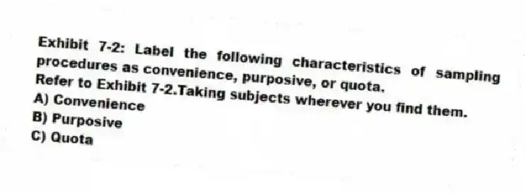 Exhibit 7-2: Label the following characteristics of sampling procedures as convenience, purposive, or quota.
-Refer to Exhibit 7-2.Taking subjects wherever you find them.
A) Convenience
B) Purposive
C) Quota
