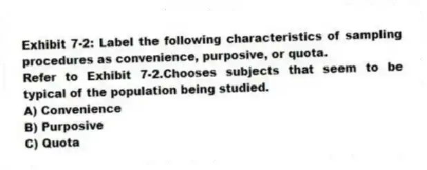 Exhibit 7-2: Label the following characteristics of sampling procedures as convenience, purposive, or quota.
-Refer to Exhibit 7-2.Chooses subjects that seem to be typical of the population being studied.
A) Convenience
B) Purposive
C) Quota
