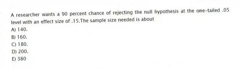A researcher wants a 90 percent chance of rejecting the null hypothesis at the one-tailed .05 level with an effect size of .15.The sample size needed is about
A) 140.
B) 160.
C) 180.
D) 200.
E) 380