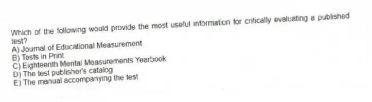 Which of the following would provide the most useful information for critically evaluating a published test?
A) Journal of Educational Measurement
B) Tests in Print
C) Eighteenth Mental Measurements Yearbook
D) The test publisher's catalog
E) The manual accompanying the test