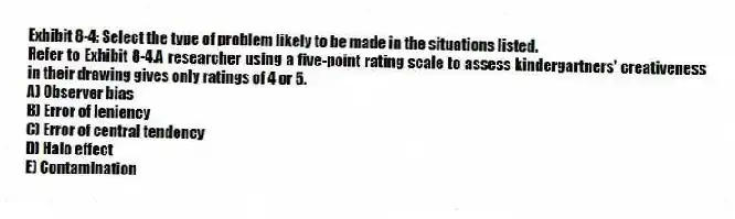Exhibit 8-4: Select the type of problem likely to be made in the situations listed.
-Refer to Exhibit 8-4.A researcher using a five-point rating scale to assess kindergartners' creativeness in their drawing gives only ratings of 4 or 5.
A) Observer bias
B) Error of leniency
C) Error of central tendency
D) Halo effect
E) Contamination
