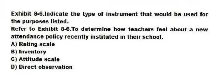 Exhibit 8-6.Indicate the type of instrument that would be used for the purposes listed.
-Refer to Exhibit 8-6.To determine how teachers feel about a new attendance policy recently instituted in their school.
A) Rating scale
B) Inventory
C) Attitude scale
D) Direct observation