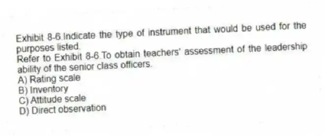 Exhibit 8-6.Indicate the type of instrument that would be used for the purposes listed.
-Refer to Exhibit 8-6.To obtain teachers' assessment of the leadership ability of the senior class officers.
A) Rating scale
B) Inventory
C) Attitude scale
D) Direct observation
