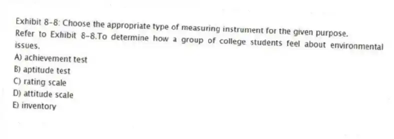 Exhibit 8-8: Choose the appropriate type of measuring instrument for the given purpose.
-Refer to Exhibit 8-8.To determine how a group of college students feel about environmental issues.
A) achievement test
B) aptitude test
C) rating scale
D) attitude scale
E) inventory