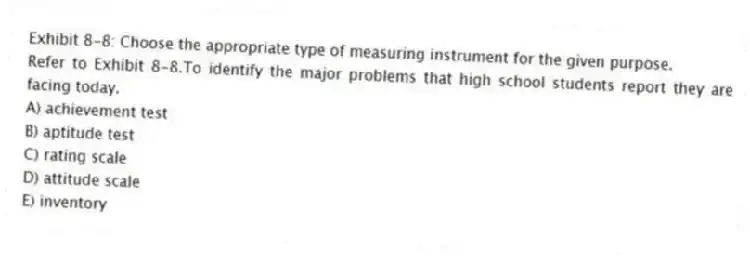 Exhibit 8-8: Choose the appropriate type of measuring instrument for the given purpose.
-Refer to Exhibit 8-8.To identify the major problems that high school students report they are facing today.
A) achievement test
B) aptitude test
C) rating scale
D) attitude scale
E) inventory