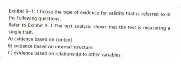 Exhibit 9-1: Choose the type of evidence for validity that is referred to in the following questions.
-Refer to Exhibit 9-1.The test analysis shows that the test is measuring a single trait.
A) evidence based on content
B) evidence based on internal structure
C) evidence based on relationship to other variables
