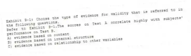 Exhibit 9-1: Choose the type of evidence for validity that is referred to in the following questions.
-Refer to Exhibit 9-1.The scores on Test A correlate highly with subjects' performance on Test B.
A) evidence based on content
B) evidence based on internal structure
C) evidence based on relationship to other variables