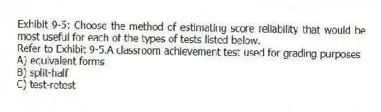 Exhibit 9-5: Choose the method of estimating score reliability that would be most useful for each of the types of tests listed below.
-Refer to Exhibit 9-5.A classroom achievement test used for grading purposes
A) equivalent forms
B) split-half
C) test-retest