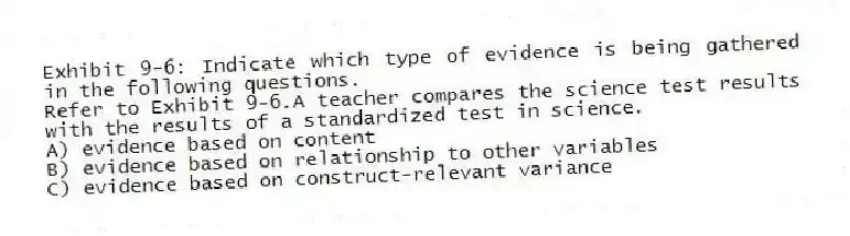 Exhibit 9-6: Indicate which type of evidence is being gathered in the following questions.
-Refer to Exhibit 9-6.A teacher compares the science test results with the results of a standardized test in science.
A) evidence based on content
B) evidence based on relationship to other variables
C) evidence based on construct-relevant variance