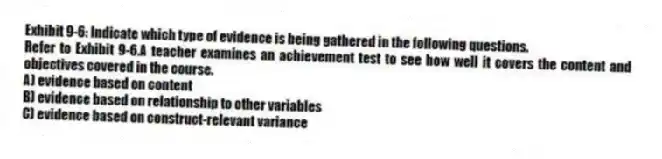 Exhibit 9-6: Indicate which type of evidence is being gathered in the following questions.
-Refer to Exhibit 9-6.A teacher examines an achievement test to see how well it covers the content and objectives covered in the course.
A) evidence based on content
B) evidence based on relationship to other variables
C) evidence based on construct-relevant variance