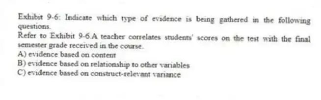 Exhibit 9-6: Indicate which type of evidence is being gathered in the following questions.
-Refer to Exhibit 9-6.A teacher correlates students' scores on the test with the final semester grade received in the course.
A) evidence based on content
B) evidence based on relationship to other variables
C) evidence based on construct-relevant variance
