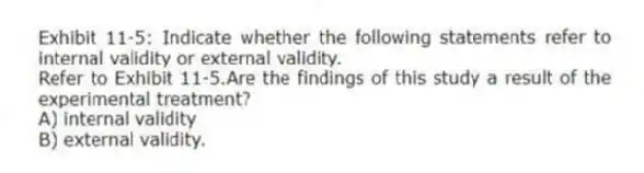 Exhibit 11-5: Indicate whether the following statements refer to internal validity or external validity.
-Refer to Exhibit 11-5.Are the findings of this study a result of the experimental treatment?
A) internal validity
B) external validity.