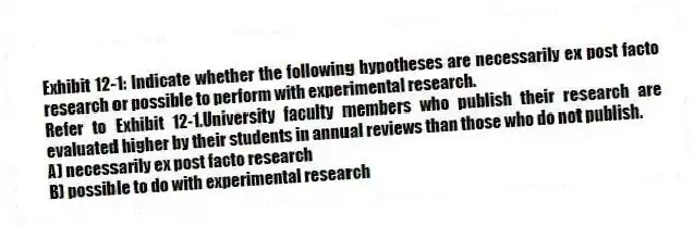 Exhibit 12-1: Indicate whether the following hypotheses are necessarily ex post facto research or possible to perform with experimental research.
-Refer to Exhibit 12-1.University faculty members who publish their research are evaluated higher by their students in annual reviews than those who do not publish.
A) necessarily ex post facto research
B) possible to do with experimental research