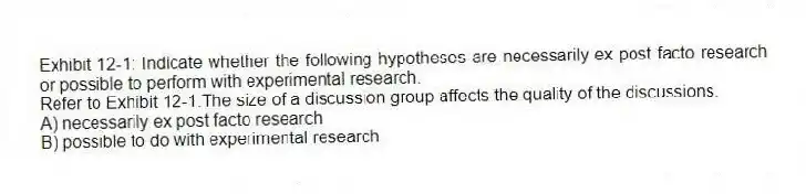 Exhibit 12-1: Indicate whether the following hypotheses are necessarily ex post facto research or possible to perform with experimental research.
-Refer to Exhibit 12-1.The size of a discussion group affects the quality of the discussions.
A) necessarily ex post facto research
B) possible to do with experimental research