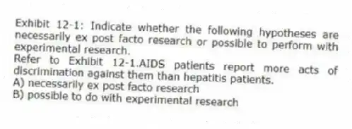 Exhibit 12-1: Indicate whether the following hypotheses are necessarily ex post facto research or possible to perform with experimental research.
-Refer to Exhibit 12-1.AIDS patients report more acts of discrimination against them than hepatitis patients.
A) necessarily ex post facto research
B) possible to do with experimental research