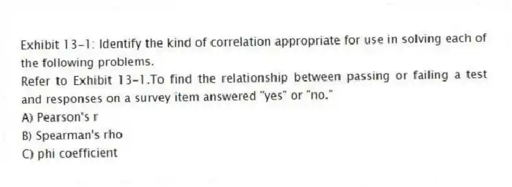 Exhibit 13-1: Identify the kind of correlation appropriate for use in solving each of the following problems.
-Refer to Exhibit 13-1.To find the relationship between passing or failing a test and responses on a survey item answered "yes" or "no."
A) Pearson's r
B) Spearman's rho
C) phi coefficient